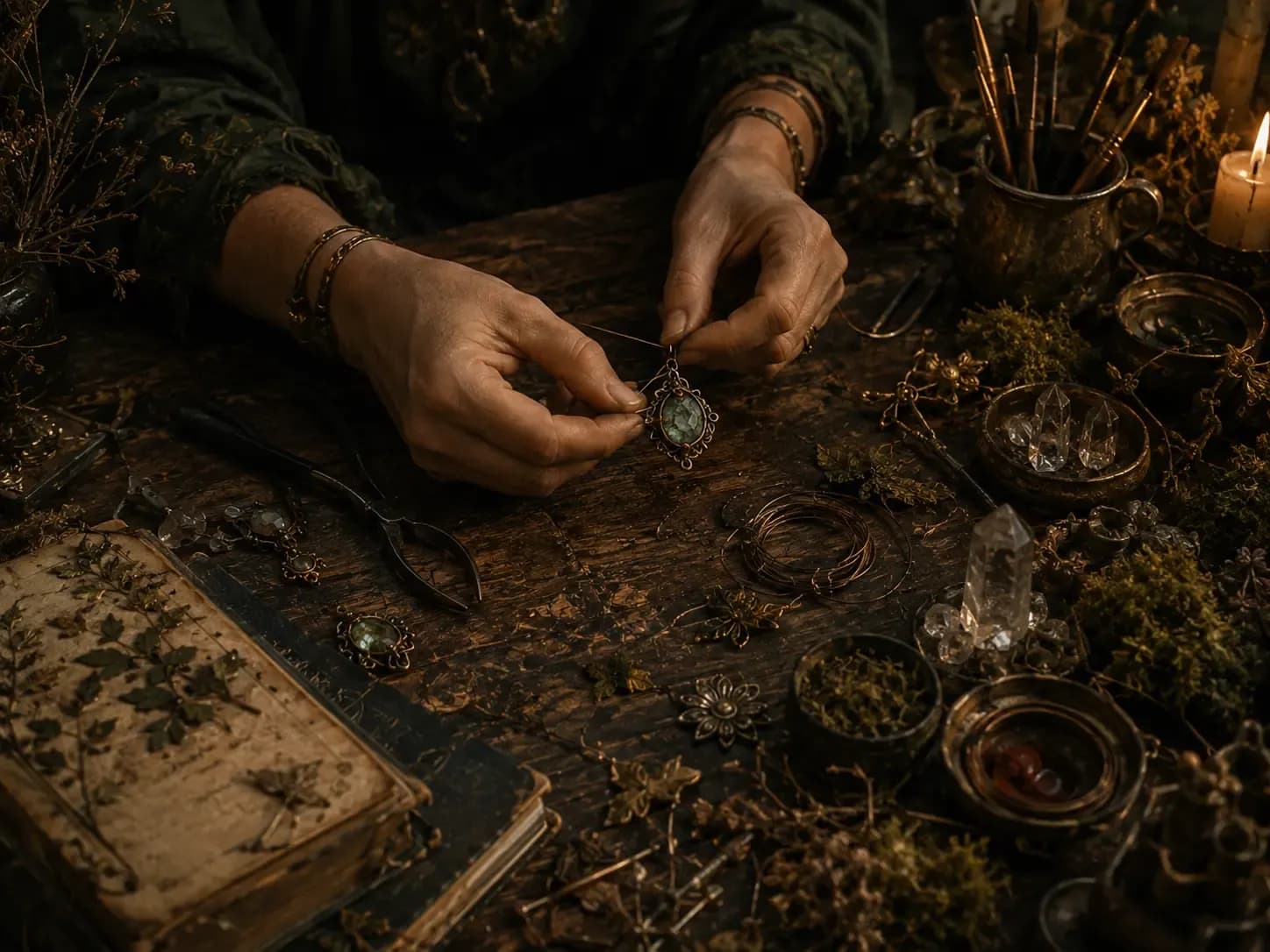 Mani, strumenti e materiali durante la creazione di un oggetto