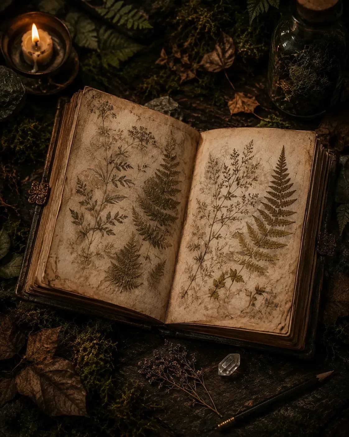 Tavolo da artista con carte botaniche, strumenti, muschio e un piccolo oggetto