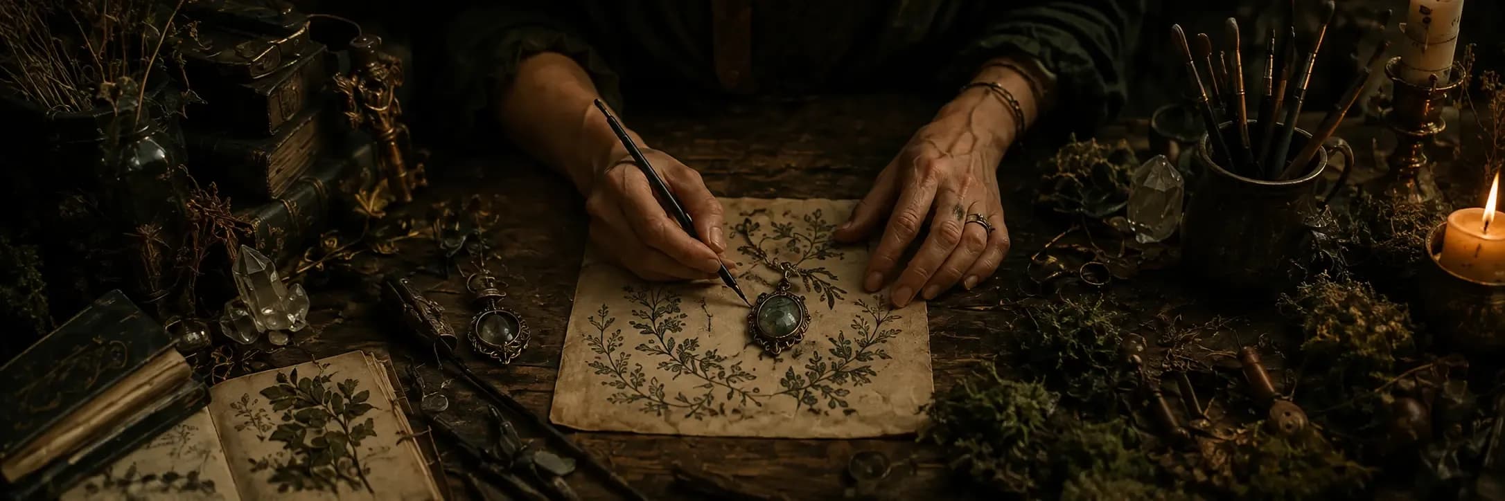 Mani dell'artista al lavoro su un talismano nel suo atelier